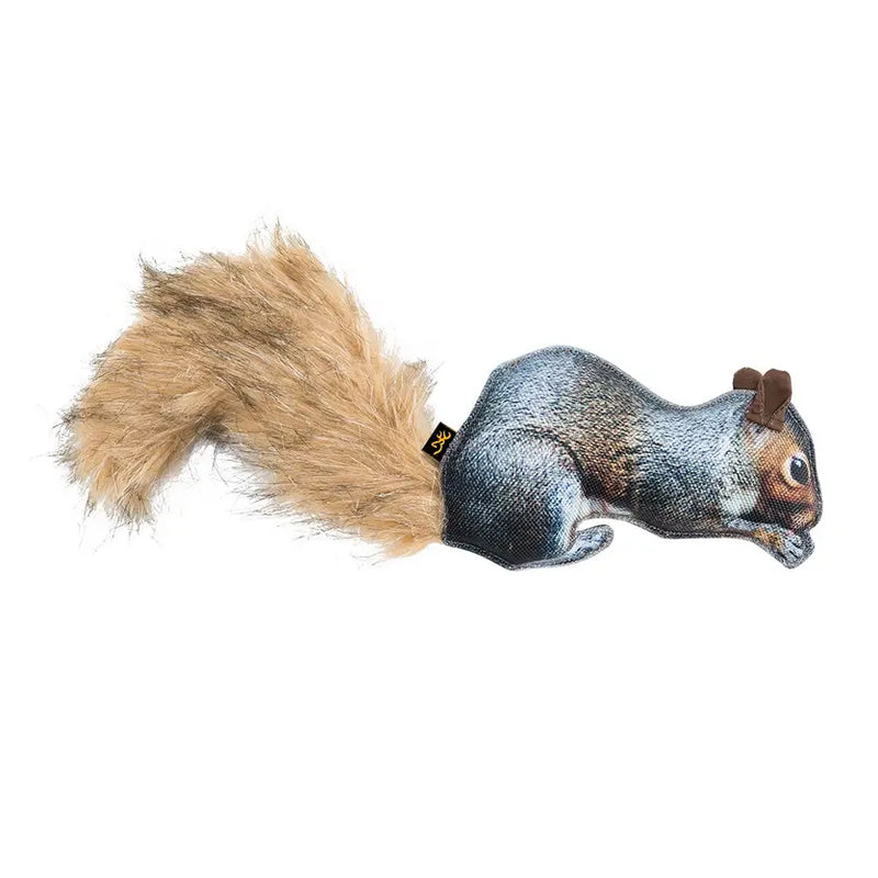 A gray squirrel squeaky toy on a white background