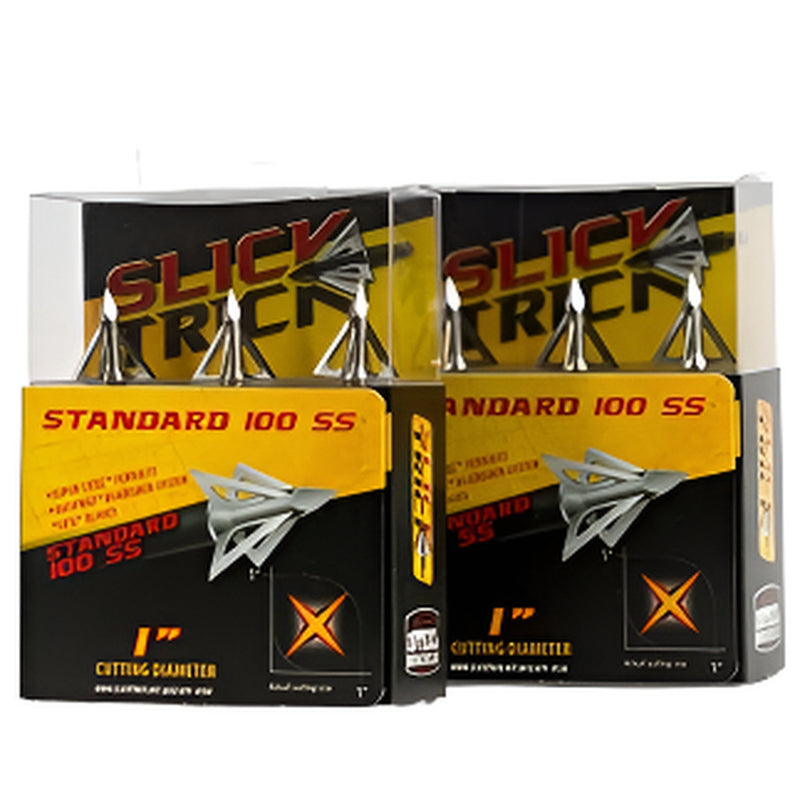 Two boxes of Slick Trick Standard 100 SS cutting caliber arrows shown side by side on a plain white background.