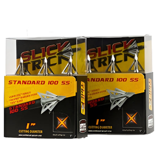 Two boxes of Slick Trick Standard 100 SS cutting caliber arrows shown side by side on a plain white background.