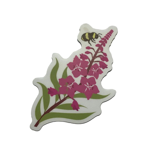 Sticker of a flower with pink flowers and a bee on a white background