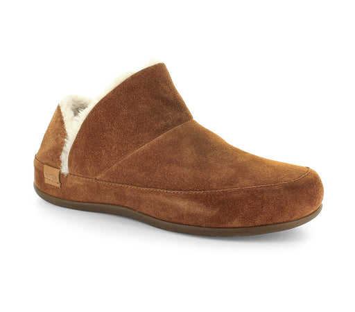 Brown slipper with white fur lining on a white background