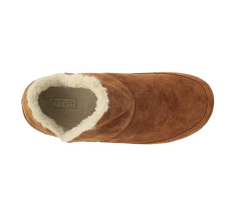 Brown slipper with white lining on a white background