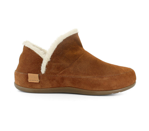 Brown slipper with white fur lining on a white background