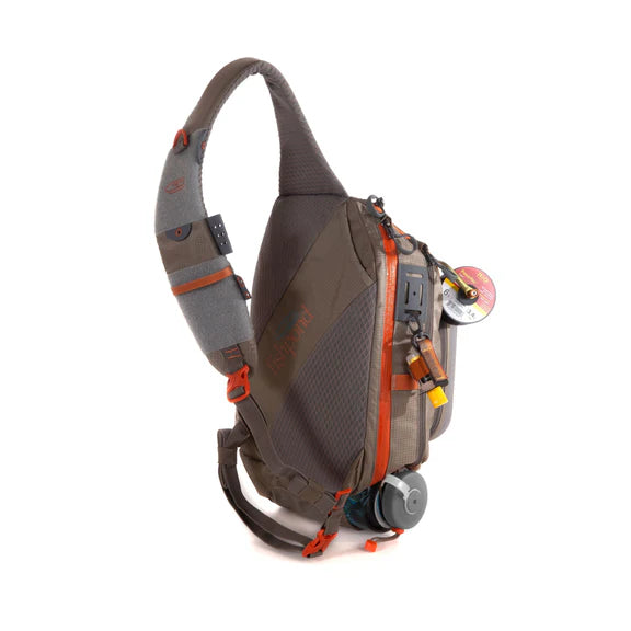 Back view of a brown and grey sling bag with orange accents on a white background.