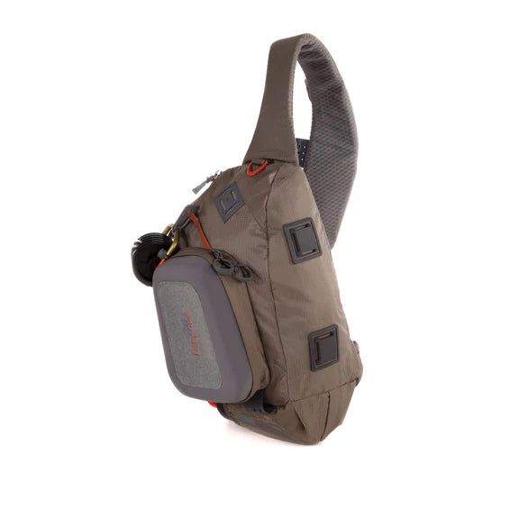 Brown and grey sling bag on a white background.