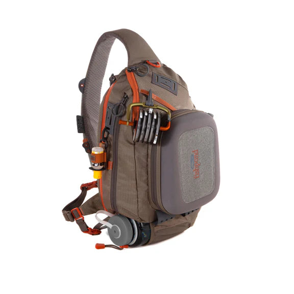 Brown and grey sling bag with orange accents on a white background.