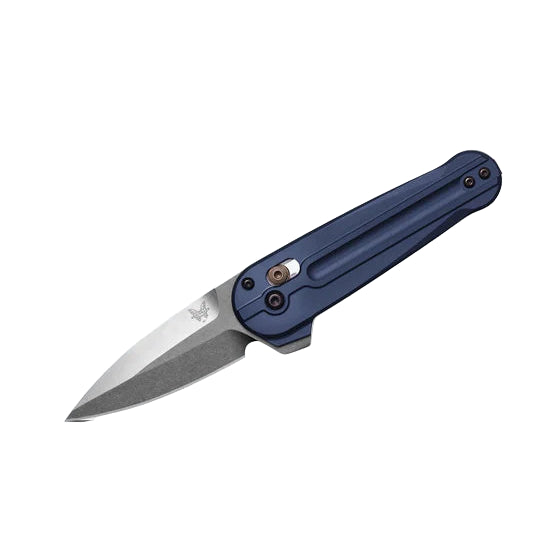 Folding knife with a blue handle on a white background
