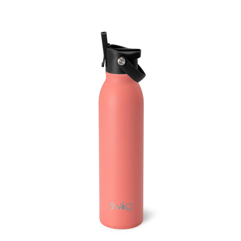 Coral-colored water bottle with black lid on a white background