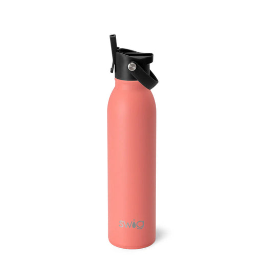 Coral-colored water bottle with black lid on a white background