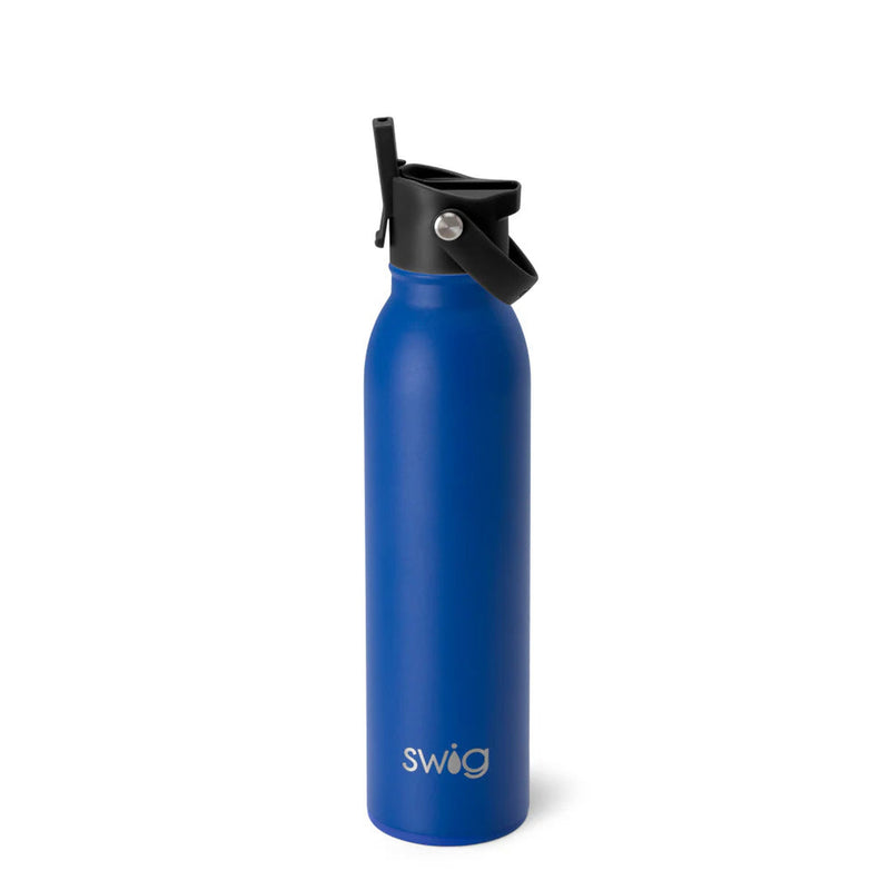 Blue swig water bottle with black lid on a white background
