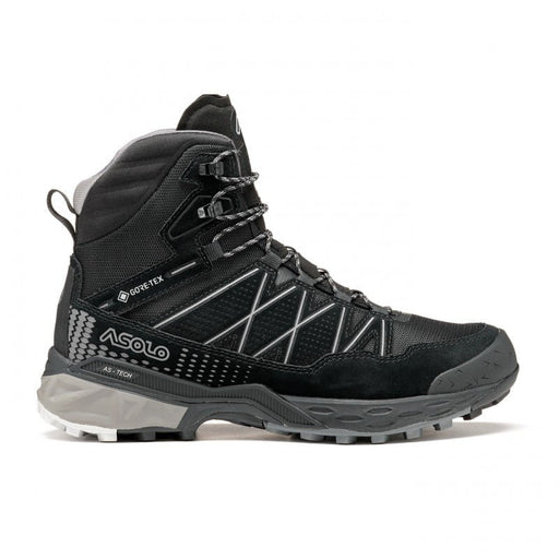 Side view of a black winter boot with grey accents against a white background. 
