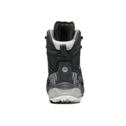 Back view of a black winter boot with grey accents against a white background. 
