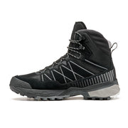 Side view of a black winter boot against a white background. 