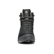 Front view of a black winter boot against a white background. 