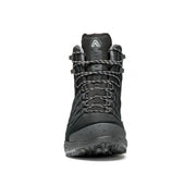 Front view of a black winter boot against a white background. 
