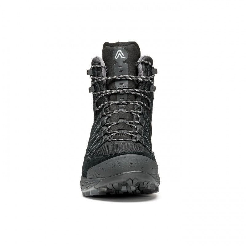 Front view of a black winter boot against a white background. 
