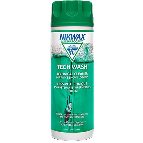Nikewax Tech Wash 300ml cleaner, designed to revitalize water repellency and breathability of waterproof gear.