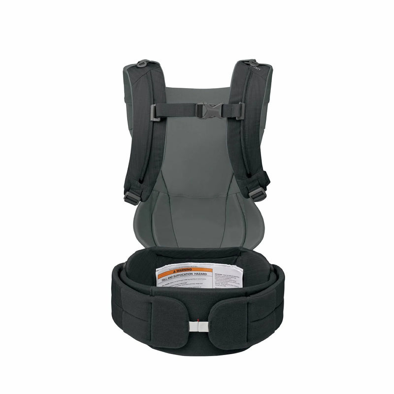 Gray baby carrier with straps on a white background
