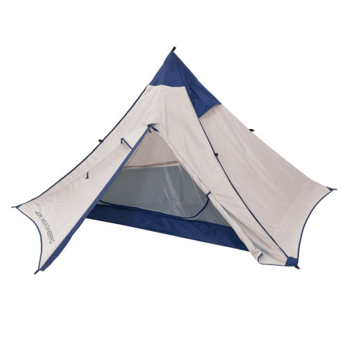 white tent with a blue tip and blue interior against a white background. 