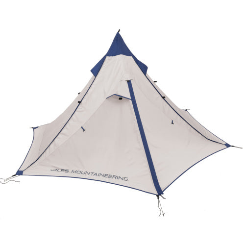 Back view of a white tent with a blue tip against a white background. 