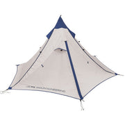 Back view of a white tent with a blue tip against a white background. 