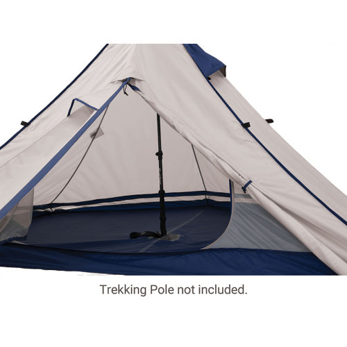 White tent with blue interior against a white background with text that says trekking pole not included. 