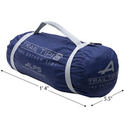 Blue tent carrier with white straps against a white background.