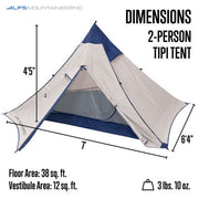 Dimensions of a white tent with a blue tip against a white background. 