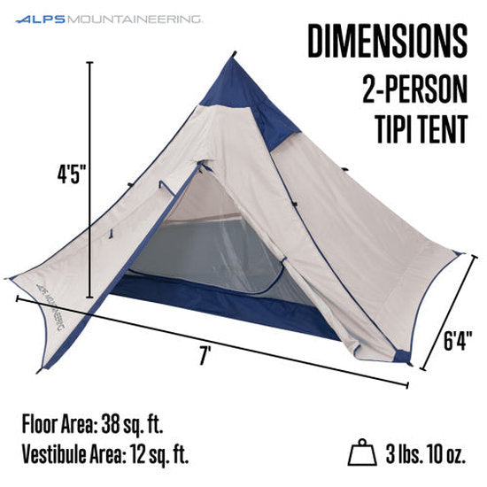 Dimensions of a white tent with a blue tip against a white background. 