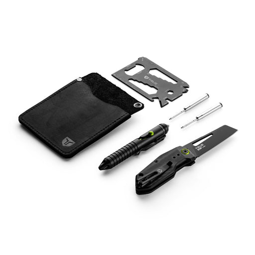 Pouch kit consisting of a black pocket knife, a mini screwdriver with two attachments, and a razorblade with a ruler on it against a white background.