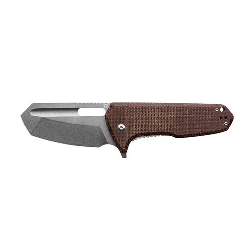 Folding knife with brown handle and silver blade on a white background