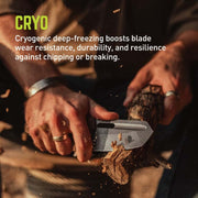 Person using a knife to cut wood with text about cryogenic deep-freezing benefits.
