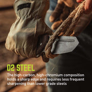 Hand holding a knife with rope, wearing a glove, on a blurred background with text about D2 steel.