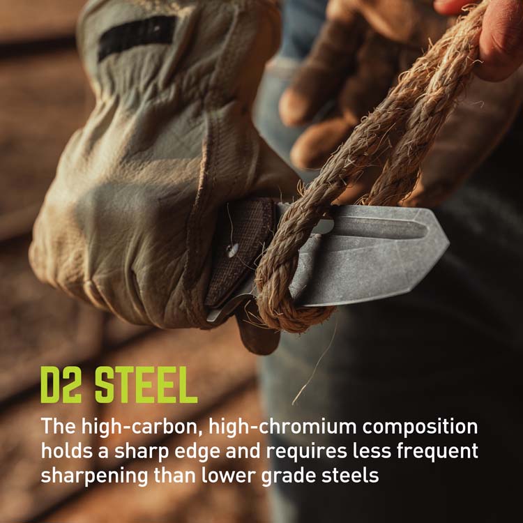 Hand holding a knife with rope, wearing a glove, on a blurred background with text about D2 steel.