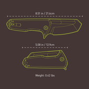 Technical drawing of a knife with dimensions and weight on a dark background