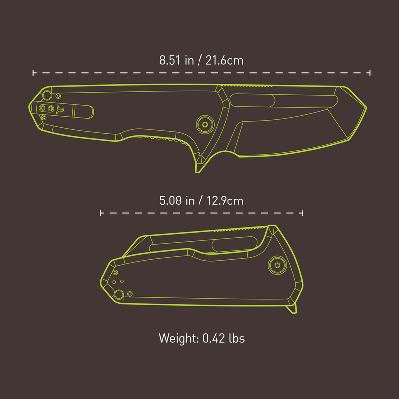 Technical drawing of a knife with dimensions and weight on a dark background