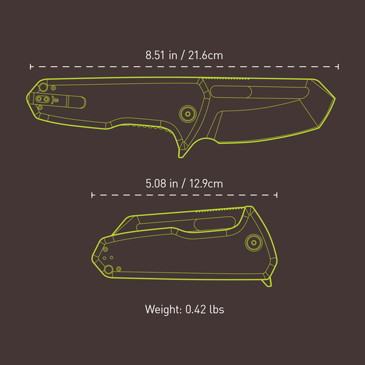 Technical drawing of a knife with dimensions and weight on a dark background