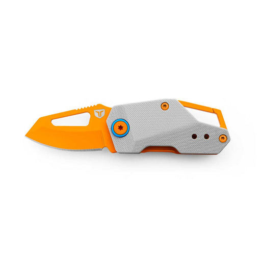 Neon orange mini pocket knife with a white handle against a white background. 