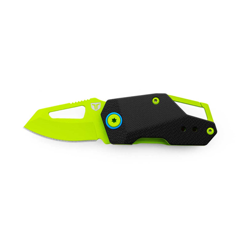 Neon green colored mini pocket knife with a black handle against a white background. 