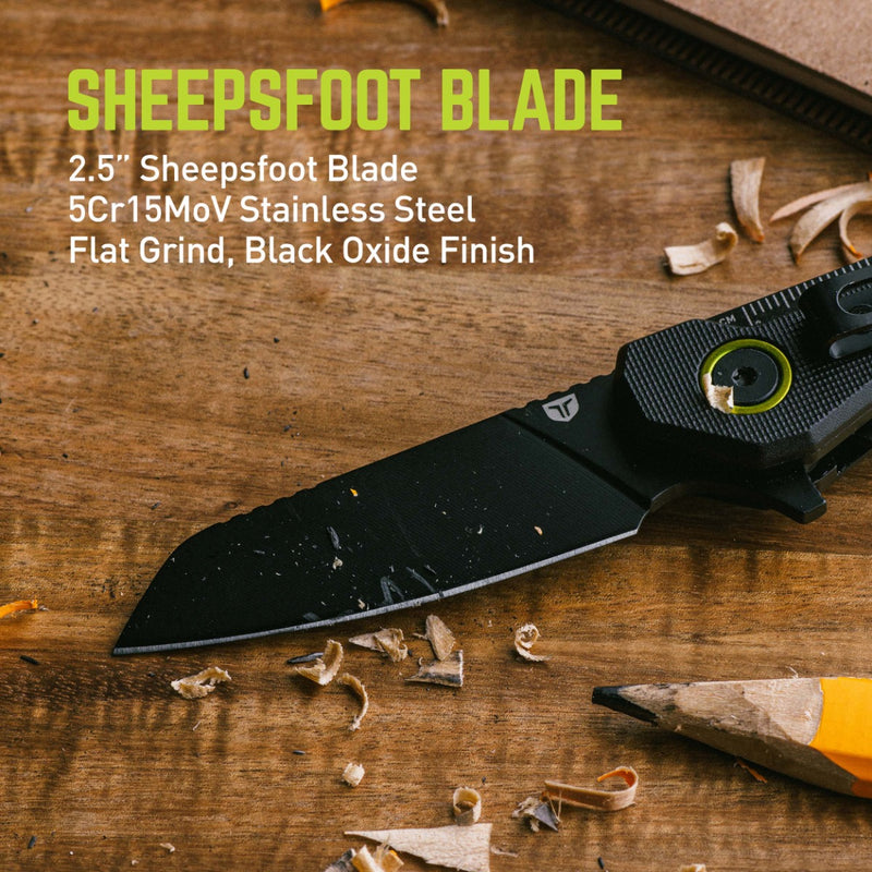 Black multitool knife resting on a table with a pencil under it with text in the upper left corner.
