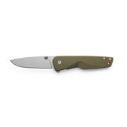 Drop point pocket knife with a green handle against a white background. 