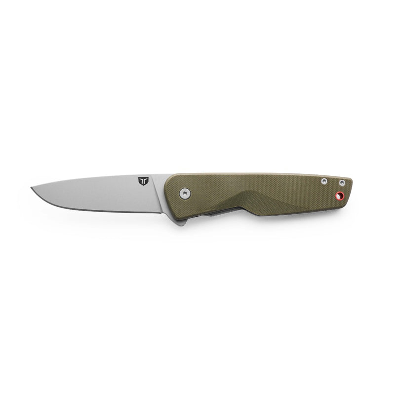 Drop point pocket knife with a green handle against a white background. 