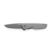 Drop point knife with a gray handle against a white background. 