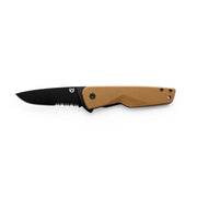 Black drop point pocket knife with a tan handle against a white background. 