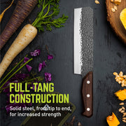 Nakiri Knife on a black table next to a bunch of vegetables with a text in the bottom left corner reading "Full-tang construction; solid steel, from tip to end, for increased strength."