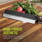 Nakiri knife resting on a table next to some radishes and peppers with a text in the bottom left corner that reads "Hand-forged aesthetic; razor sharp and corrosion resistant 5Cr15MoV steel."