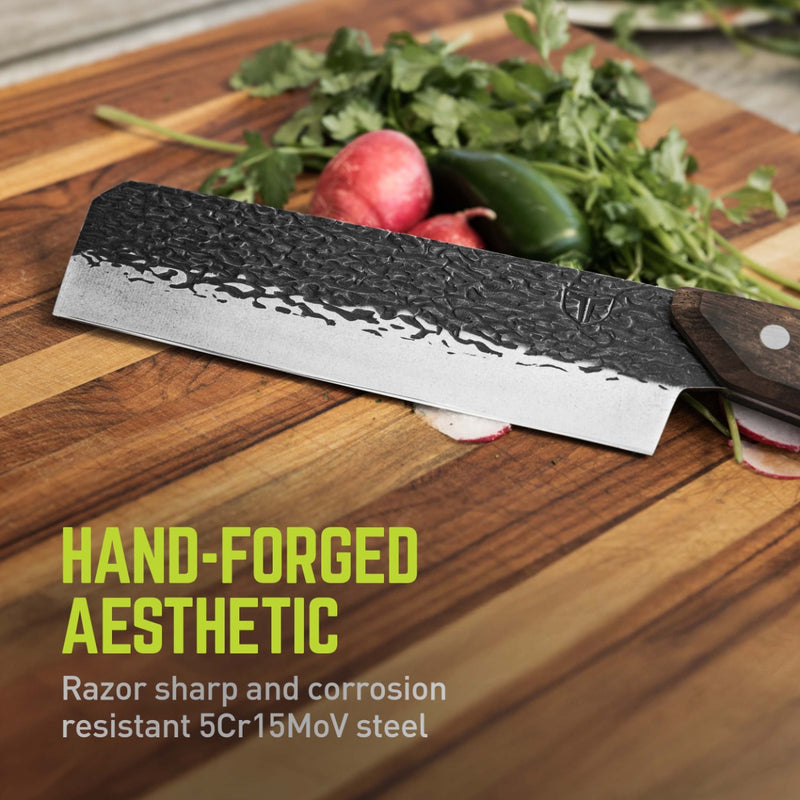Nakiri knife resting on a table next to some radishes and peppers with a text in the bottom left corner that reads "Hand-forged aesthetic; razor sharp and corrosion resistant 5Cr15MoV steel."