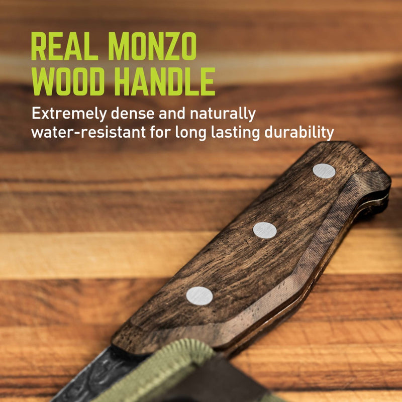 Handle of a Nakiri knife resting on a table with a text in the upper left corner that reads "Real monzo wood handle; extremely dense and naturally water-resistant for long lasting durability."