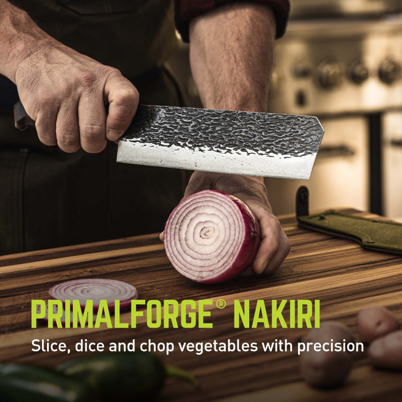 Person using a Nakiri Knife to chop an onion with a text at the bottom reading "Primalforge Nakiri; slice, dice and chop vegetales with precision."