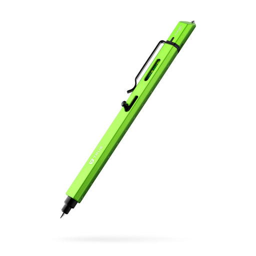 Neon green pen with black accents and a leveler attached against a white background. 